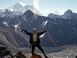 Gokyo Ri 01-3 Jerome Ryan On Gokyo Ri 2000 The climb from Gokyo (4750m) to Gokyo Ri (5345m) took me 90 minutes in 2000, but 100 minutes in 2008. I guess I am slowing down in my old age. This view is in the early morning in 2000.
